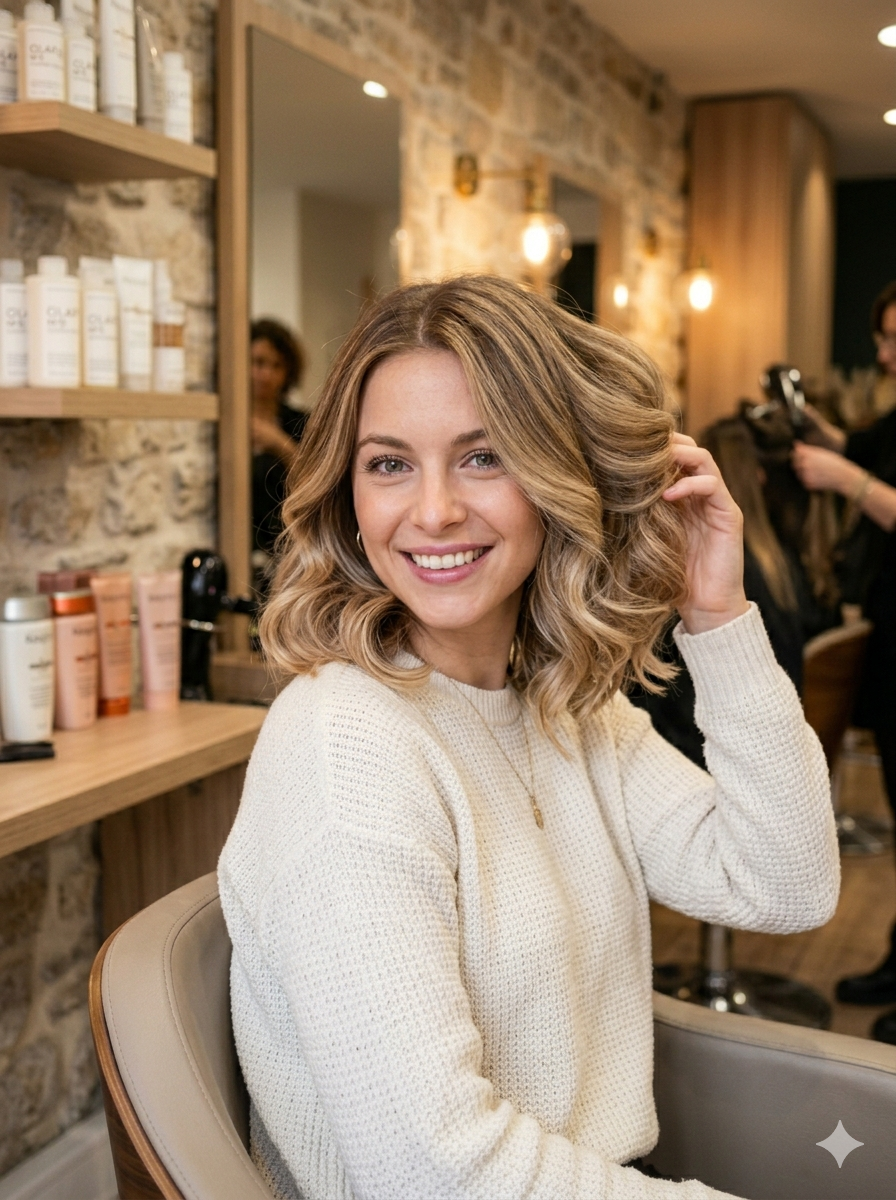 Cliente en cours de brushing avec cheveux mi-longs